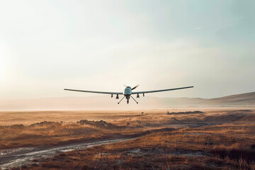 A military unmanned aerial vehicle patrols the dry grass field while flying at a low altitude.