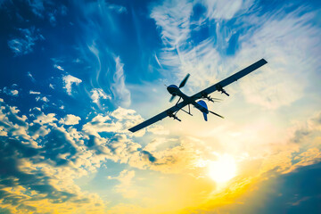 Naklejka premium A military unmanned aerial vehicle flying in the sky with the sun setting in the background.