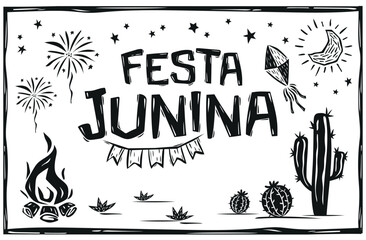 Festa Junina icon set. Flags, balloons, cacti, fireworks, all designed in the Brazilian cordel style. Vector illustration.eps - obrazy, fototapety, plakaty