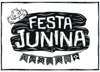 Poster of S?o Jo?o, Festa Junina with flags and straw hat. Hand-drawn woodcut in Brazilian cordel style.eps