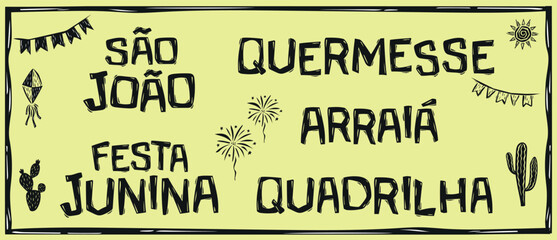 Set of icons for Festa Junina, Arrai?, S?o Jo?o, Festival and Quadrilha. flags and fireworks. Woodcut in the Brazilian cordel style..eps