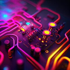 Close-up of circuit with neon effects