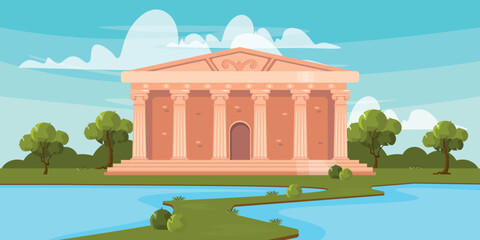 Vector illustration of a beautiful ancient temple. Cartoon landscape scene of ancient temple with columns, Ionic orders, entrance, stairs, trees, bushes, river with path,sky and white clouds.