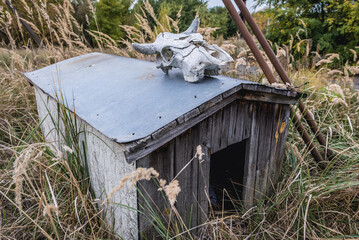 Wooden kennel in abandoned Radioecology Laboratory in former fish farm in Chernobyl Exclusion Zone, Ukraine