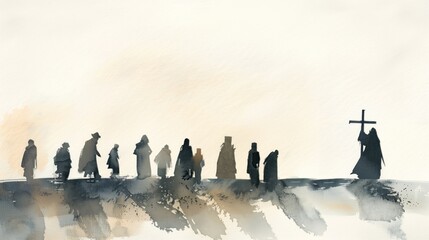 Stylized watercolor painting of a silhouette procession with cross - obrazy, fototapety, plakaty