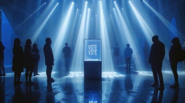 People casting votes at a modern illuminated voting booth.