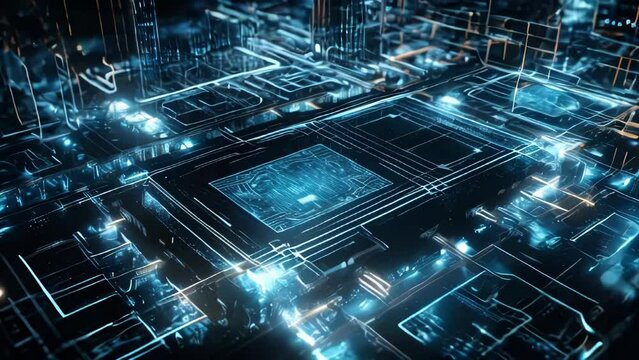 Computer futuristic boards with microchips energy chips and transistors on high tech computer abstract background. Data center, big data