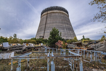 Unfinished cooling tower of reactor 5 of Chernobyl Nuclear Power Plant in Chernobyl Exclusion Zone,...
