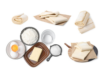 Raw puff pastry dough and ingredients isolated on white, set