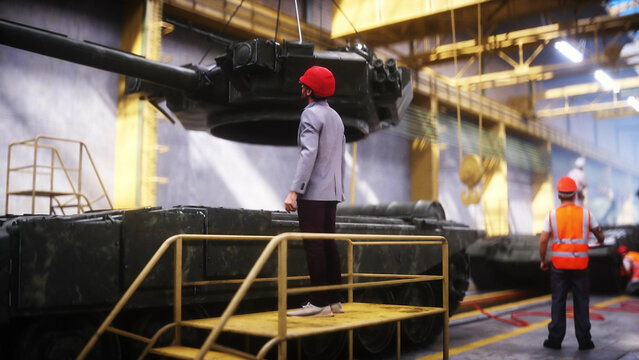 Production of military russian battle tank T 90 at the factory. Military factory weapon. 3d rendering.