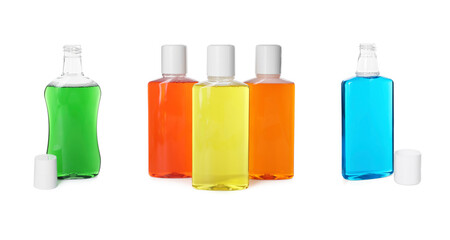 Fresh mouthwashes in bottles isolated on white, set