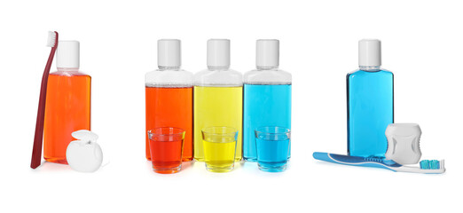 Fresh mouthwashes and toothbrushes isolated on white, set