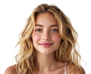 Fototapeta premium Blonde woman with necklace and white shirt smiling, cut out - stock png.