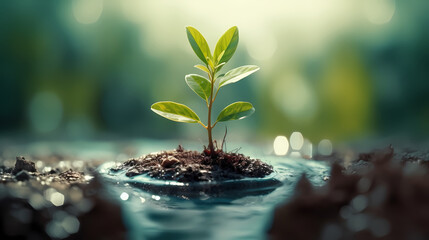 New shoots growing in the ground, ecosystem climate change and conservation concept