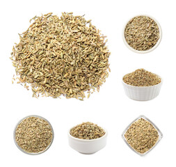 Dry fennel seeds isolated on white, set