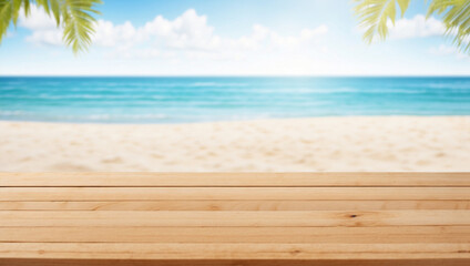 Fototapeta premium Empty wooden table for product display with beach sand background