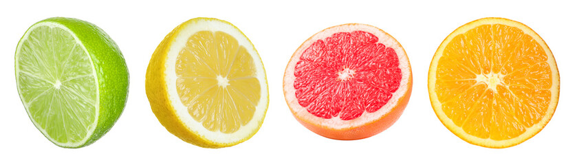 Citrus fruits. Cut fresh lemon, grapefruit, lime and orange isolated on white, set