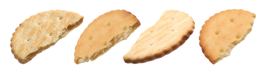 Pieces of delicious crackers isolated on white. Banner design
