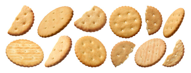 Set with delicious crackers isolated on white. Banner design