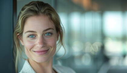 Confident woman smiling in corporate setting