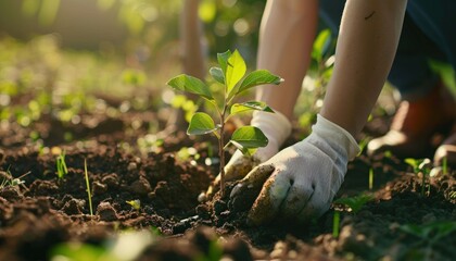 Planting young tree in garden soil at sunset