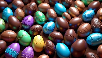 Fototapeta na wymiar Colorful decoated chocolate tiny eater egggs on neutral background
