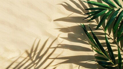 Top view tropical palm leaf with shadow on sandy beach copy space background. AI generated image