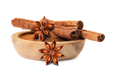 Aromatic cinnamon sticks, powder and anise stars isolated on white
