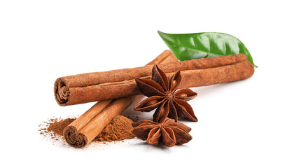 Aromatic cinnamon sticks, powder, anise stars and green leaf on white background, banner design