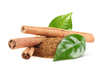 Aromatic cinnamon sticks, powder and green leaves isolated on white