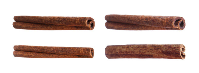 Aromatic dry cinnamon sticks isolated on white, set