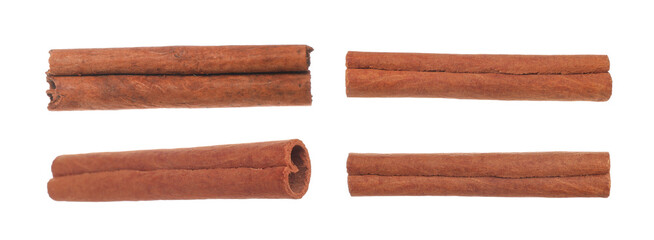 Aromatic dry cinnamon sticks isolated on white, set