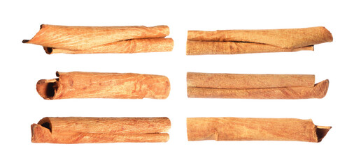 Aromatic dry cinnamon sticks isolated on white, set