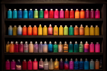 Fototapeta premium Array of Colorful Cosmetic Bottles on Shelves. Neatly organized colorful cosmetic bottles on shelves, ideal for beauty, skincare, and health and wellness themes, as well as product and retail display.