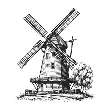 traditional windmill in a pastoral setting, depicted in an engraved style. Sketch engraving generative ai vector illustration. Scratch board imitation. Black and white image.