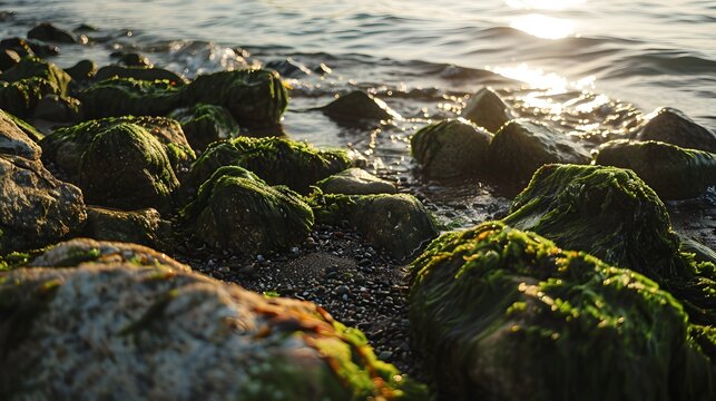 Mossy rocks on the shore at sunrise
