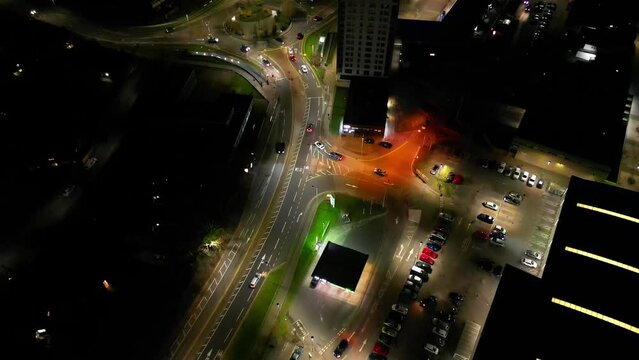 Aerial Night View of Illuminated Central Hatfield City of England Great Britain