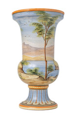 antique Italian majolica vase from deruta decorated with poetic rural landscape classical renaissance motifs isolated on white 