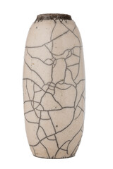 Japanese raku glazed ceramic vase close up isolated on white background, 