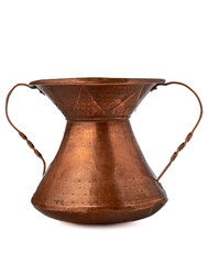 Antique copper pot isolated on white background vertical photo 