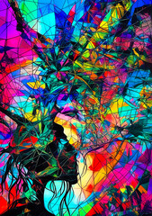 Fototapeta na wymiar A colorful painting of a woman with a flowery headdress