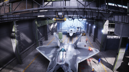Production of military fighter jet f 22 raptor at the factory. Military factory weapon. 3d rendering.