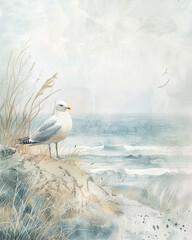 Beautiful seagull on the beach. Watercolor painting.