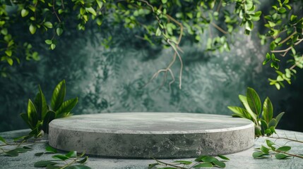 Fototapeta na wymiar Natural stone and concrete podium in Natural green background for Empty show for packaging product presentation. Background for cosmetic products, the scene with green leaves - generative ai