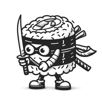 Adorable animated sushi roll character holding katana japanese sword engraving style sketch engraving generative ai vector illustration. Scratch board imitation. Black and white image.