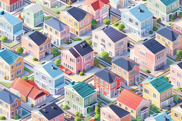 Isometric Buildings Pattern, Houses Texture Background, Isometric Town, Abstract Generative AI Illustration