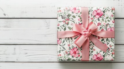 Top view a gift box floral seamless with pink bow ribbon on white wooden background. AI generated image