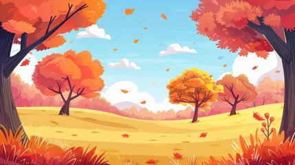 Schilderijen op glas Cartoon illustration of the rural autumn landscape with trees  © Azad