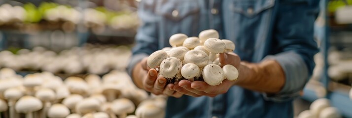 Man Holding Harvest on a Mushroom Farm, Hands are Holding Mushrooms, Mushrooms Plantation - obrazy, fototapety, plakaty