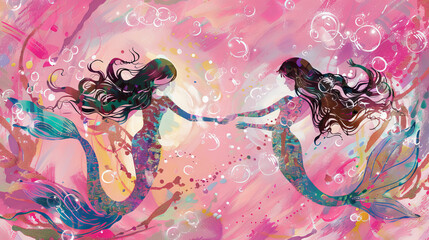 Art illustration mixed media style two mermaids holding hands with bubbles and pink ocean background